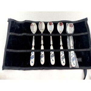 Vintage Stainless Steel & Porcelain Floral Handle Dessert Spoons Set With Storag
